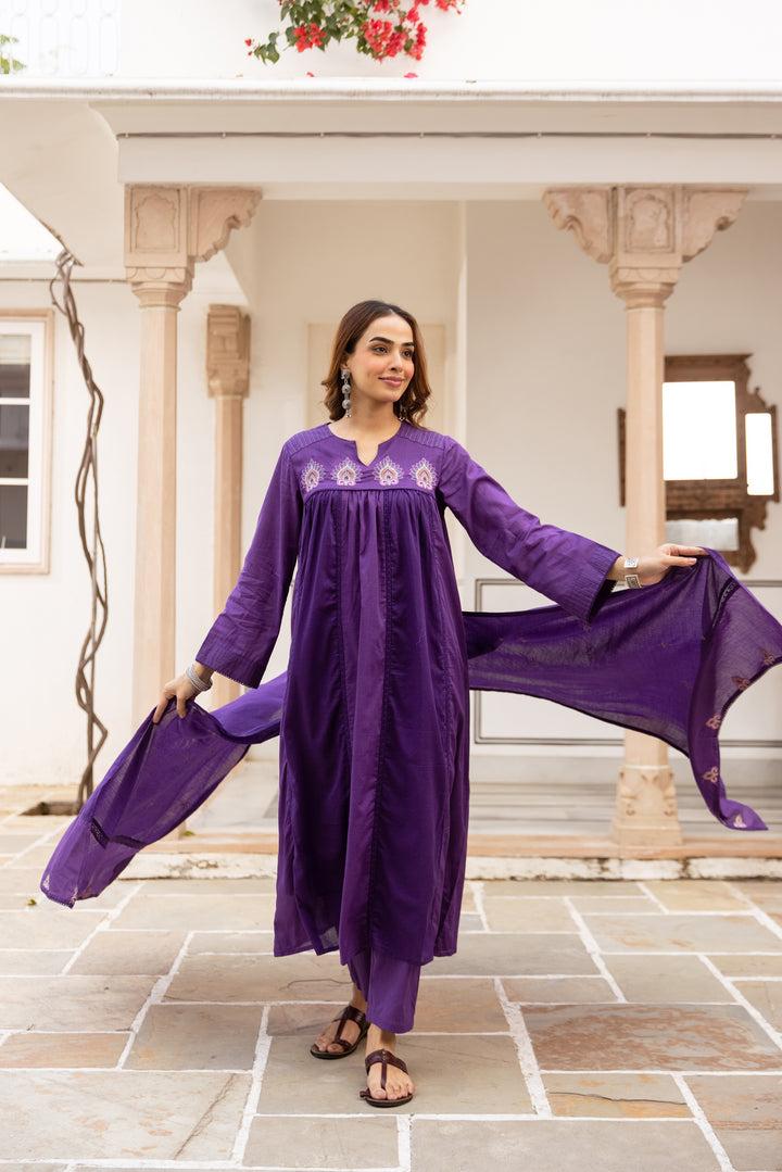 Nehamta Women's Dark Purple Mulmul Cotton Kurta With Pant & Dupatta set