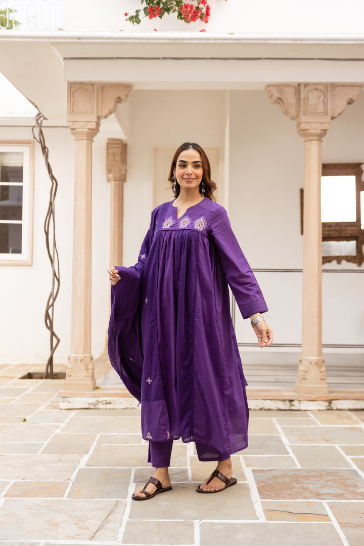 Nehamta Women's Dark Purple Mulmul Cotton Kurta With Pant & Dupatta set