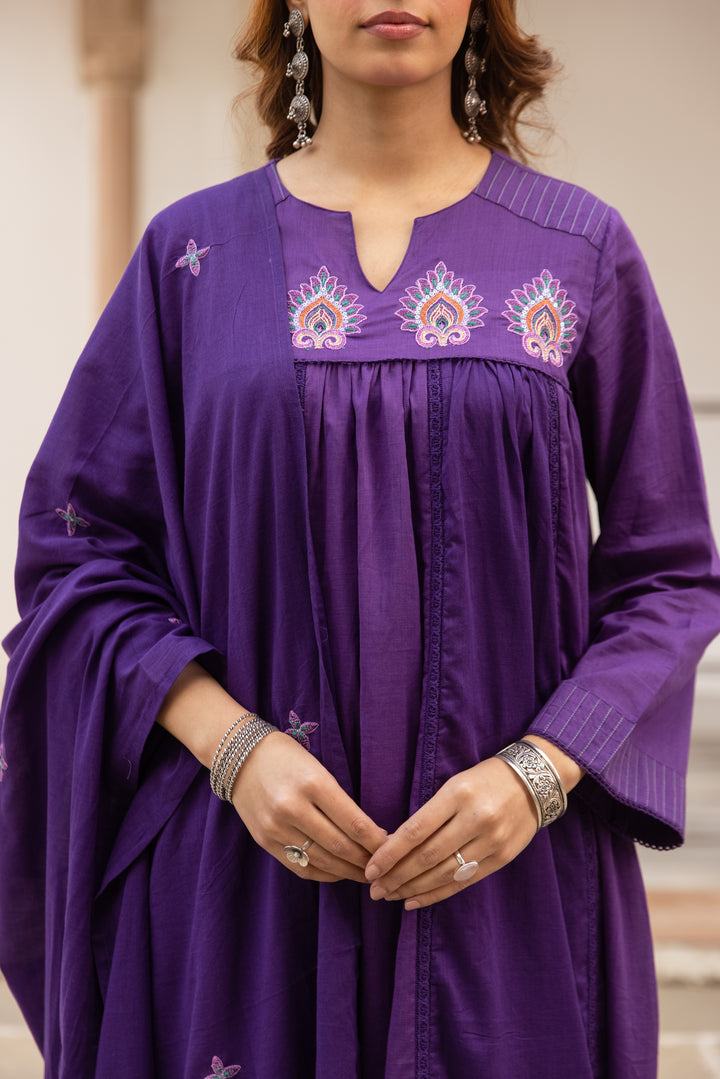 Nehamta Women's Dark Purple Mulmul Cotton Kurta With Pant & Dupatta set