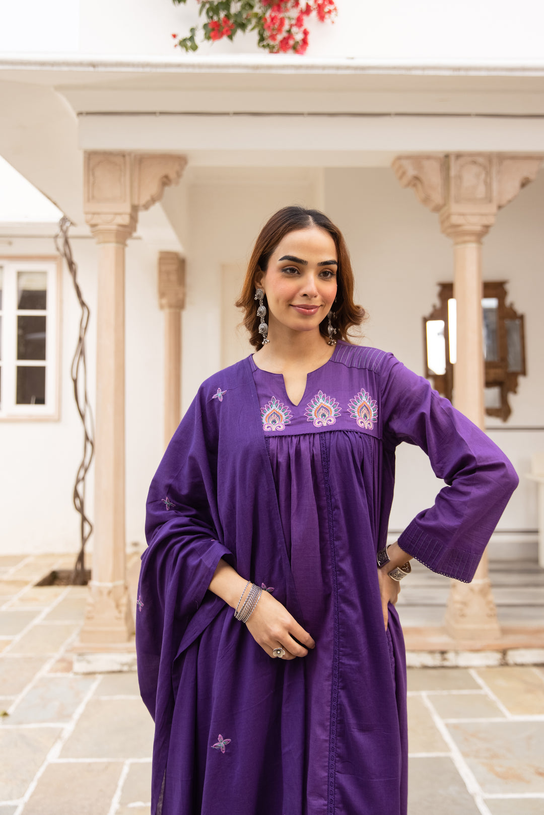 Nehamta Women's Dark Purple Mulmul Cotton Kurta With Pant & Dupatta set