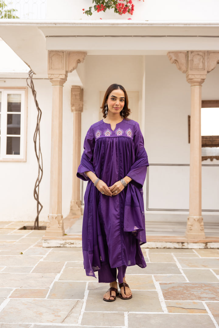 Nehamta Women's Dark Purple Mulmul Cotton Kurta With Pant & Dupatta set