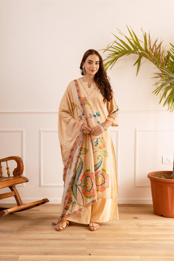 Nehamta Women's Light Peach Linen Flex Kurta With Palazzo & Dupatta set