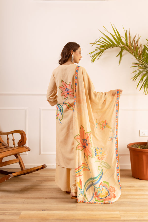 Nehamta Women's Light Peach Linen Flex Kurta With Palazzo & Dupatta set