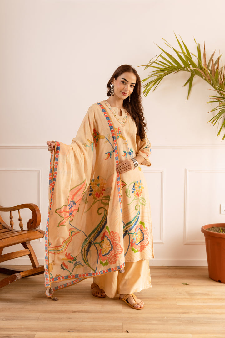 Nehamta Women's Light Peach Linen Flex Kurta With Palazzo & Dupatta set