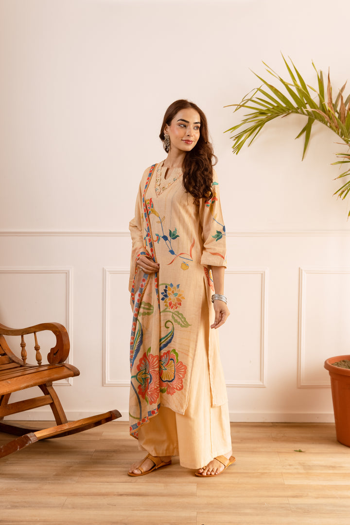 Nehamta Women's Light Peach Linen Flex Kurta With Palazzo & Dupatta set
