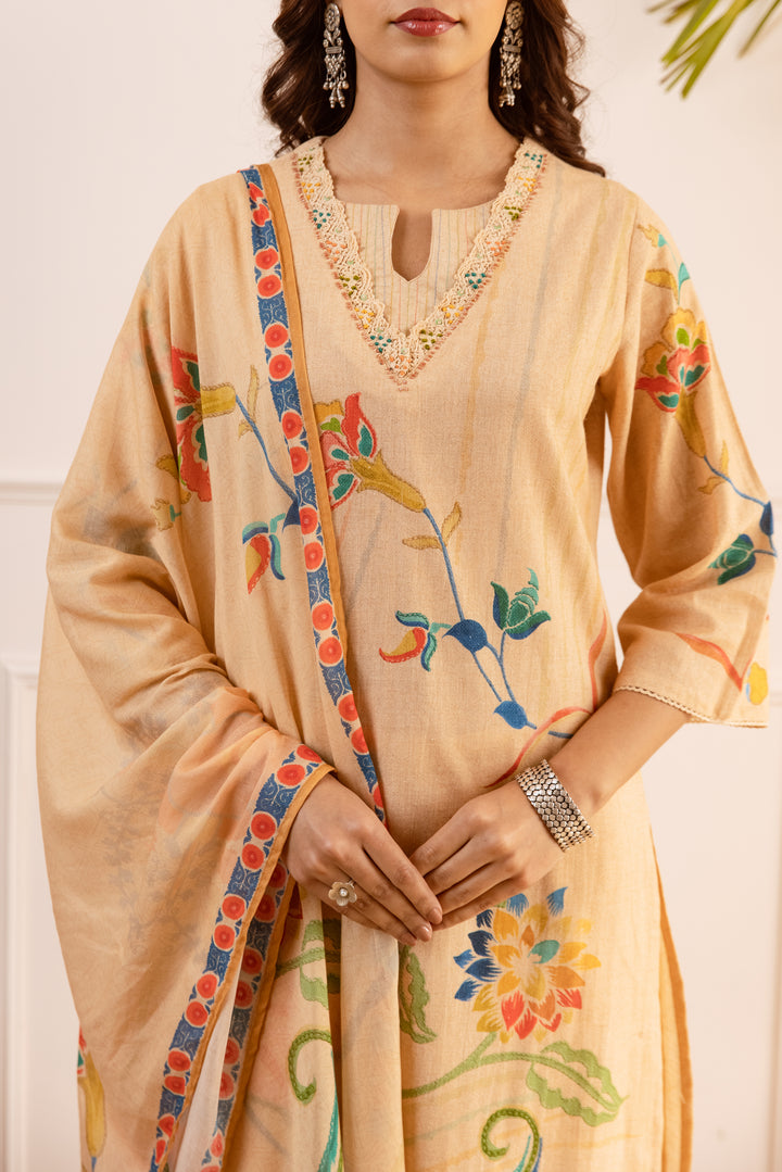 Nehamta Women's Light Peach Linen Flex Kurta With Palazzo & Dupatta set
