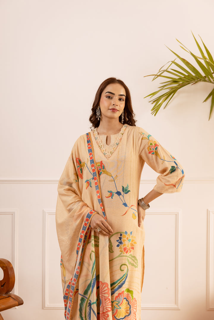 Nehamta Women's Light Peach Linen Flex Kurta With Palazzo & Dupatta set