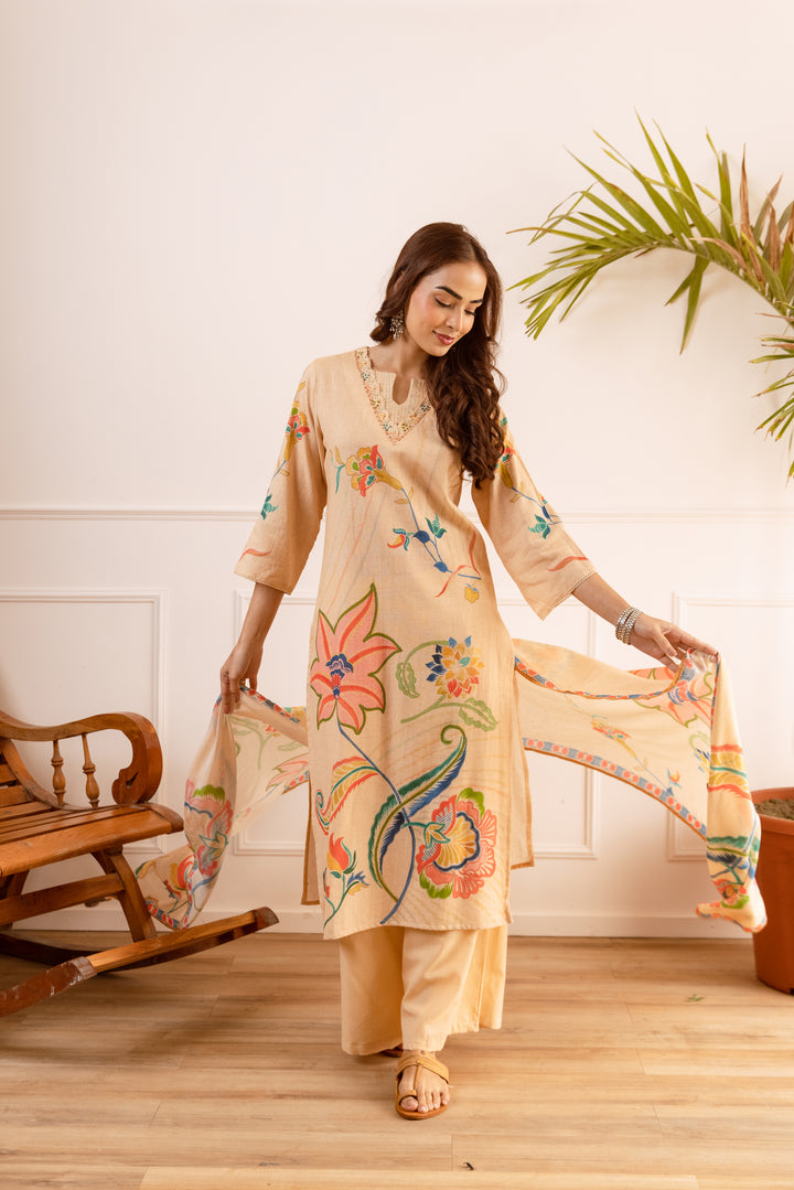 Nehamta Women's Light Peach Linen Flex Kurta With Palazzo & Dupatta set
