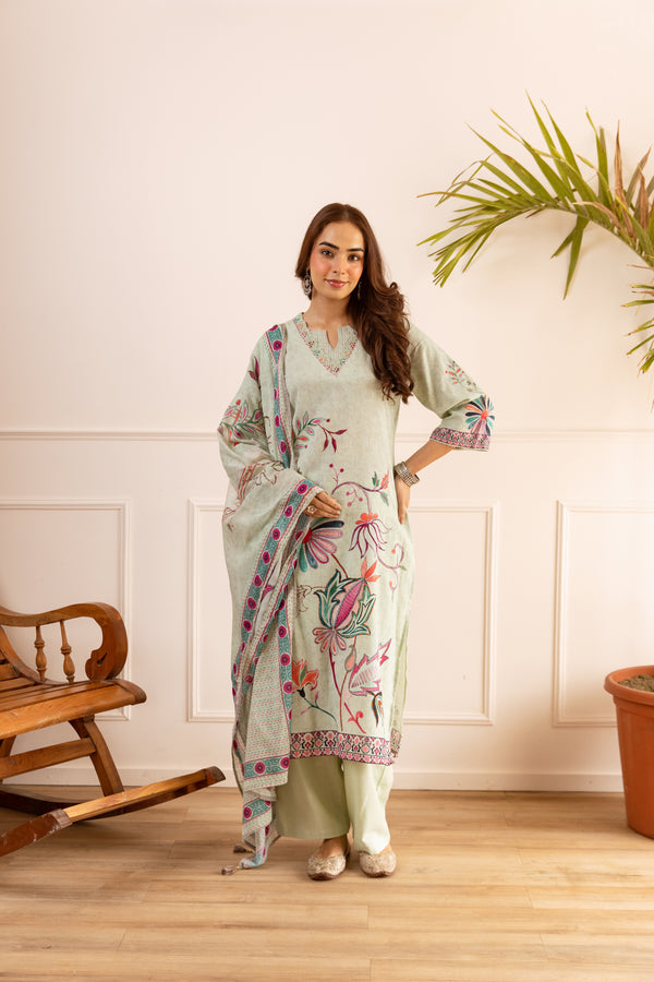 Nehamta Women's Mint Green Linen Flex Kurta With Pant & Dupatta set