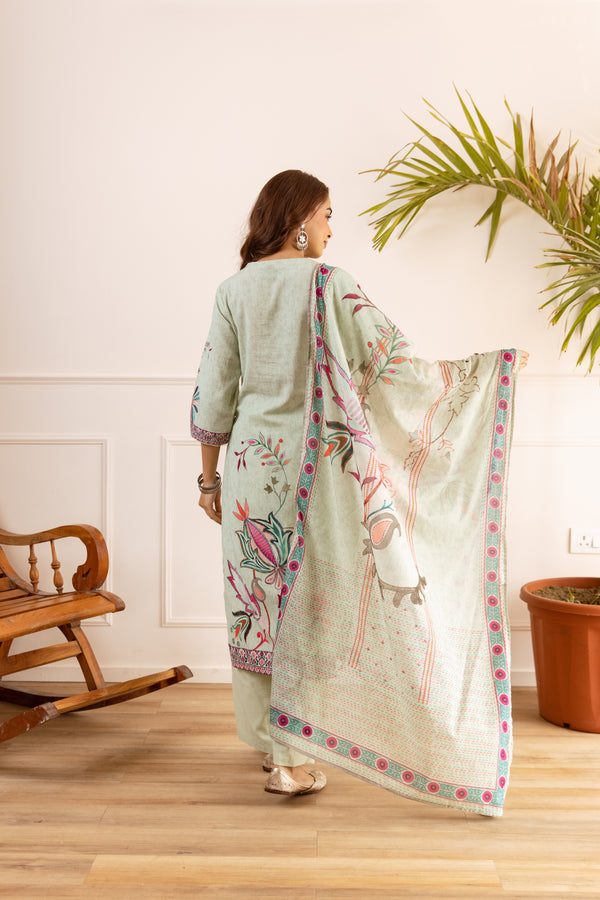 Nehamta Women's Mint Green Linen Flex Kurta With Pant & Dupatta set