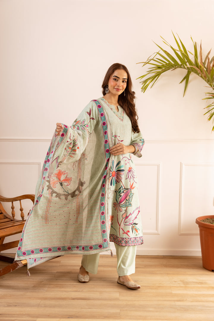 Nehamta Women's Mint Green Linen Flex Kurta With Pant & Dupatta set
