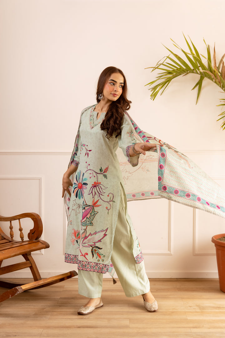 Nehamta Women's Mint Green Linen Flex Kurta With Pant & Dupatta set