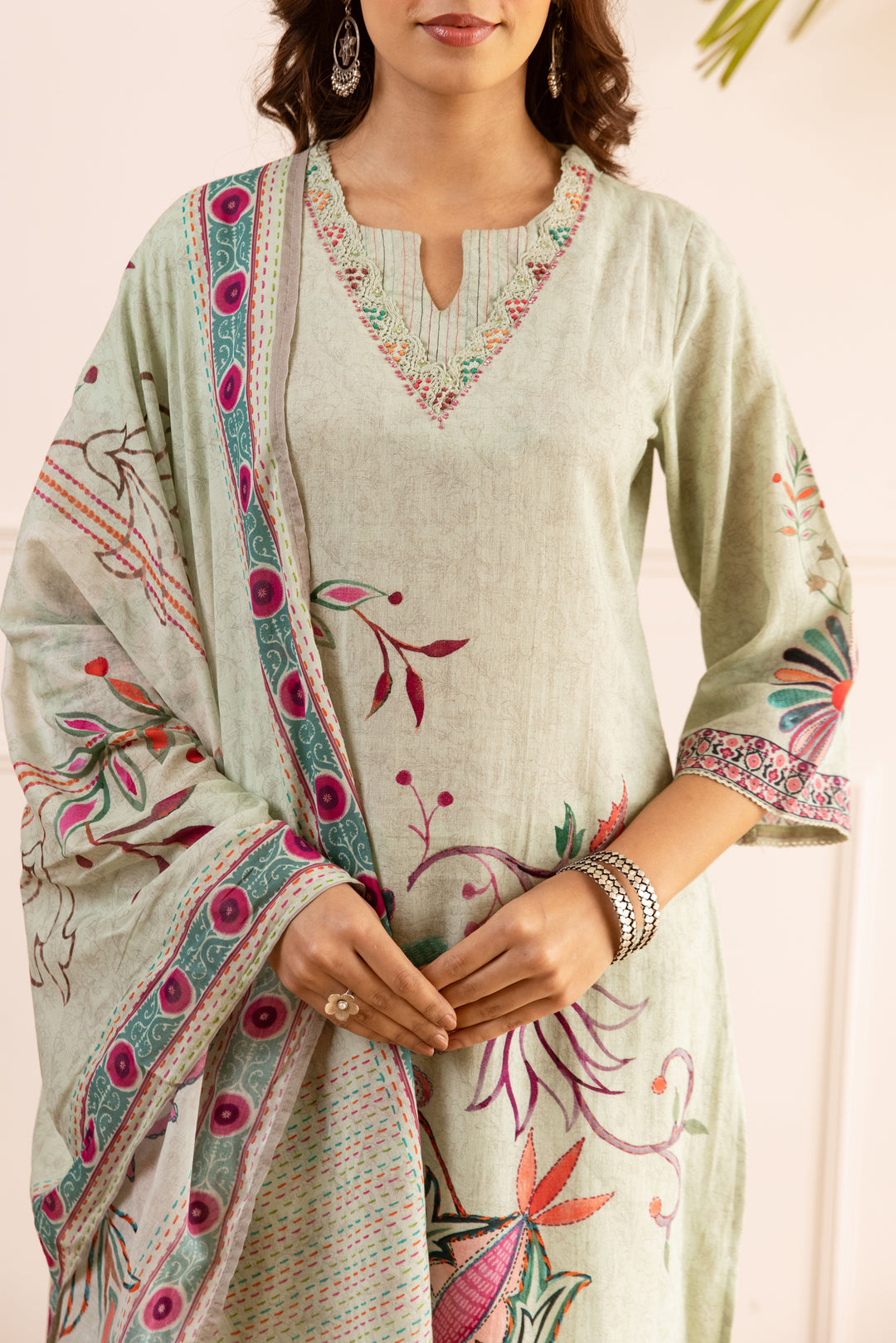 Nehamta Women's Mint Green Linen Flex Kurta With Pant & Dupatta set