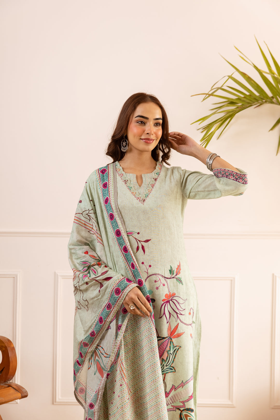 Nehamta Women's Mint Green Linen Flex Kurta With Pant & Dupatta set