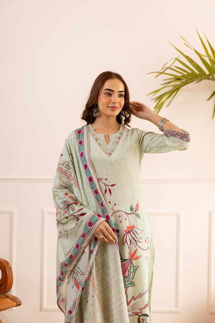 Nehamta Women's Mint Green Linen Flex Kurta With Pant & Dupatta set