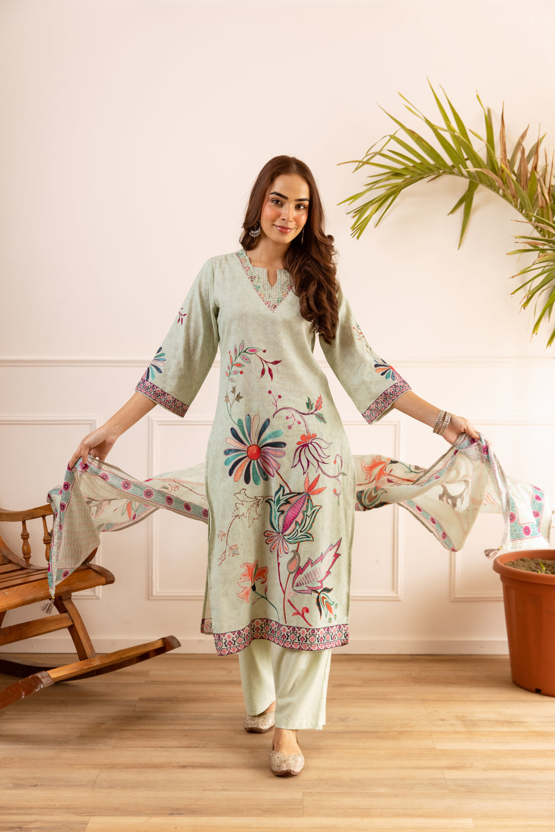 Nehamta Women's Mint Green Linen Flex Kurta With Pant & Dupatta set