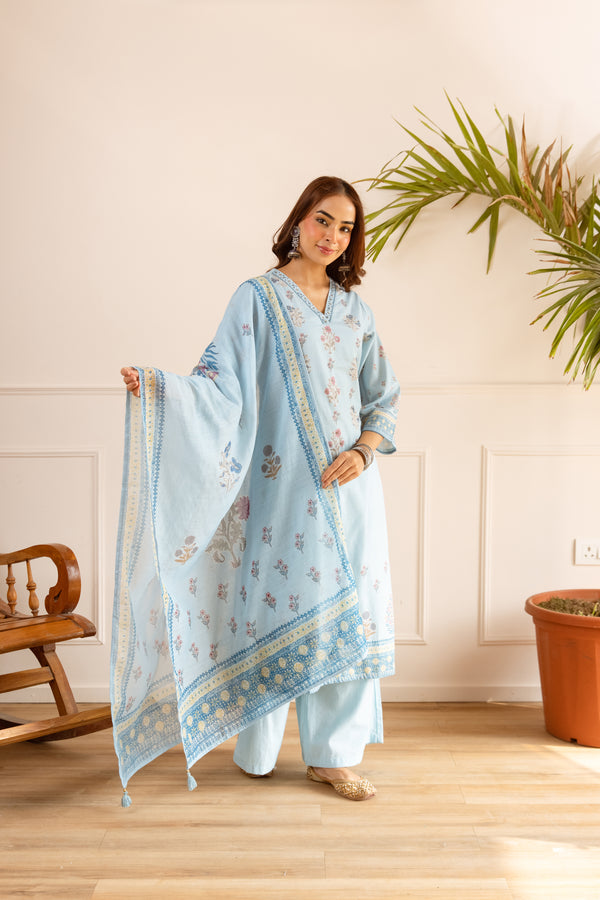 Nehamta Women's Light Blue Natural Linen Kurta With Palazzo & Dupatta set