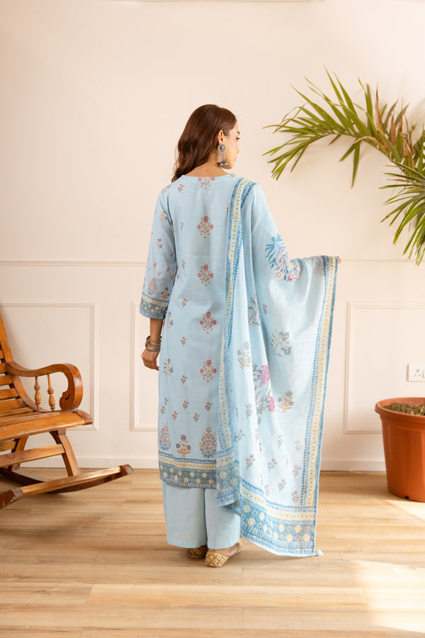 Nehamta Women's Light Blue Natural Linen Kurta With Palazzo & Dupatta set