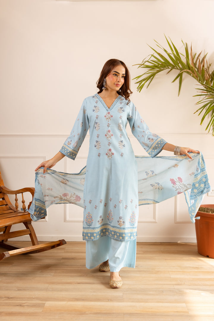 Nehamta Women's Light Blue Natural Linen Kurta With Palazzo & Dupatta set