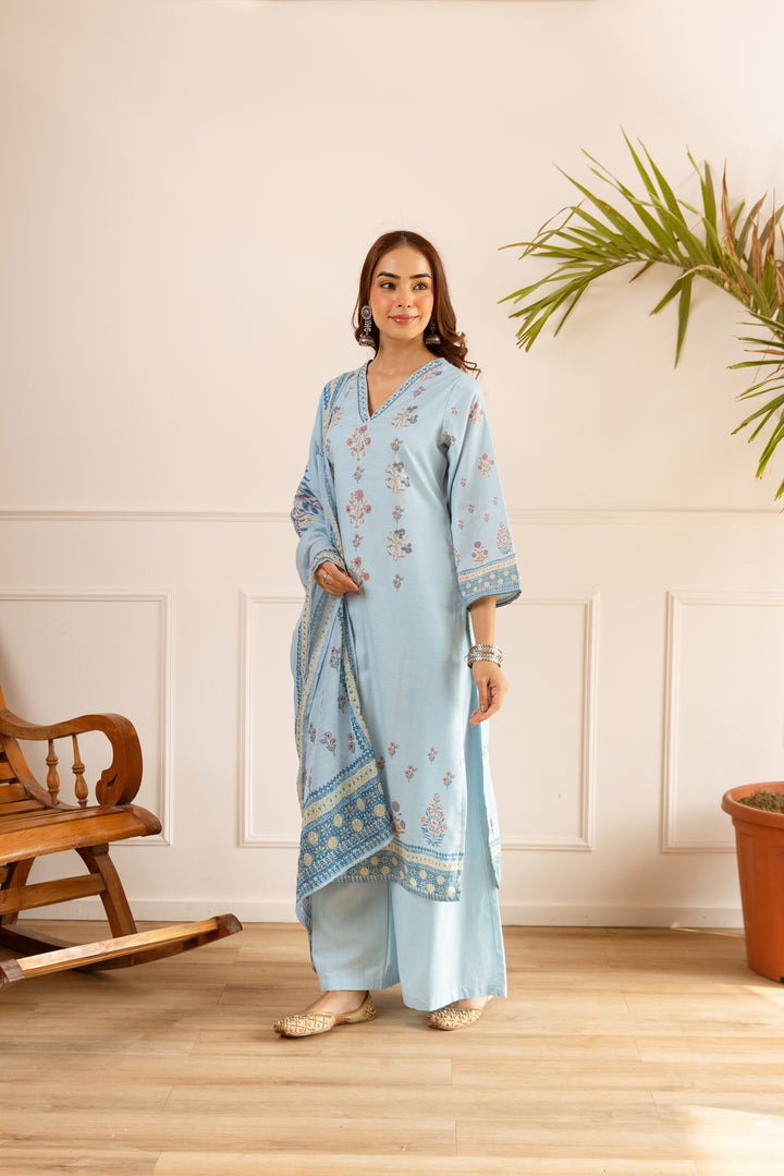 Nehamta Women's Light Blue Natural Linen Kurta With Palazzo & Dupatta set