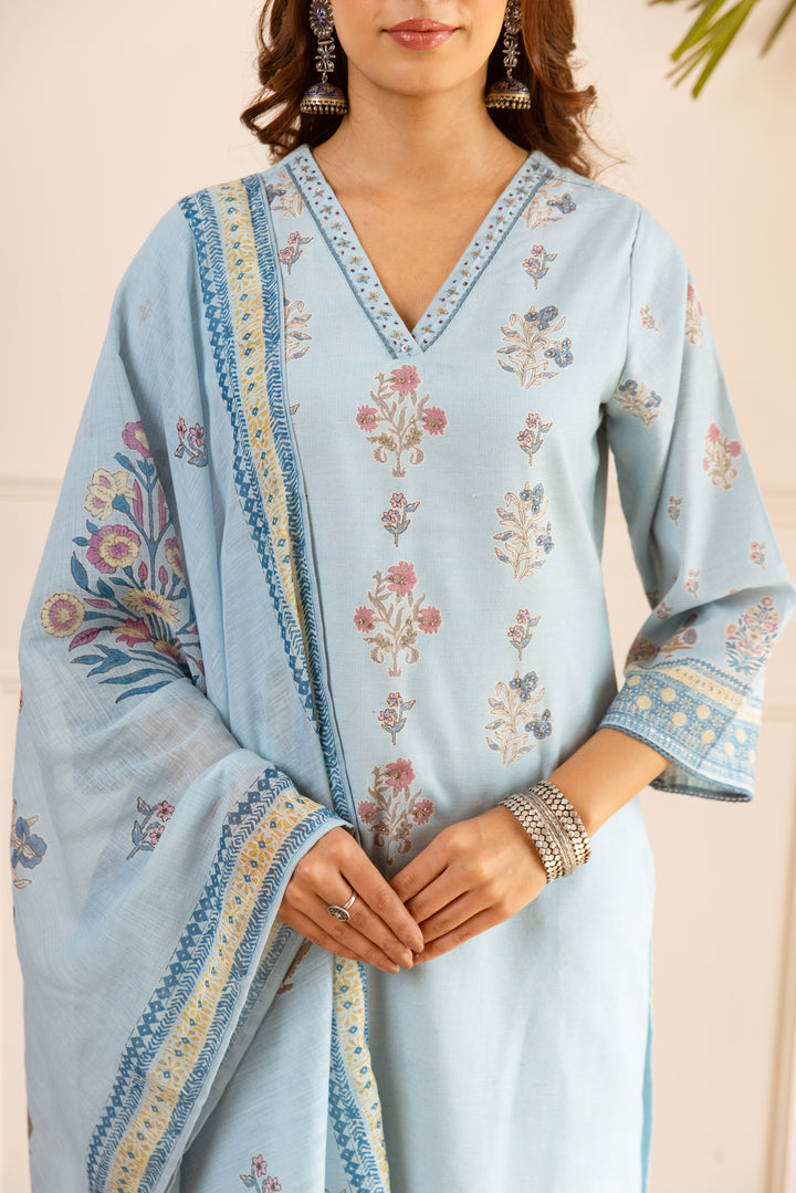 Nehamta Women's Light Blue Natural Linen Kurta With Palazzo & Dupatta set