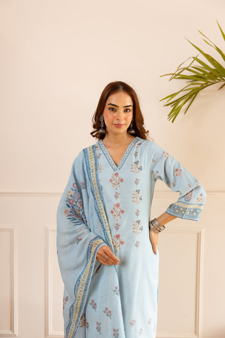 Nehamta Women's Light Blue Natural Linen Kurta With Palazzo & Dupatta set