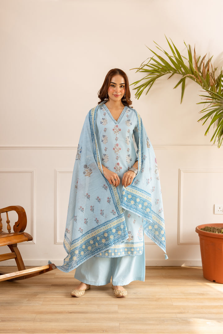 Nehamta Women's Light Blue Natural Linen Kurta With Palazzo & Dupatta set