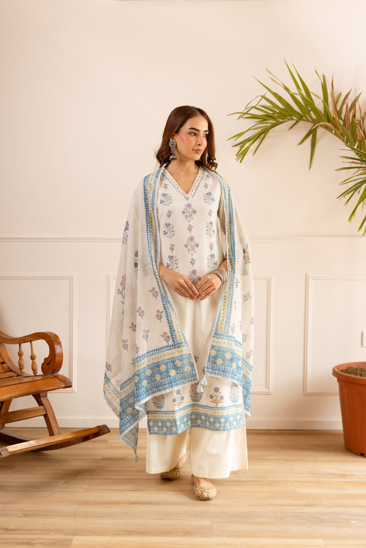 Nehamta Women's Off White Natural Linen Kurta With Palazzo & Dupatta set