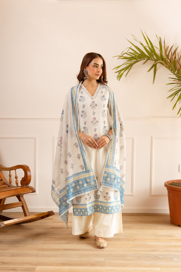 Nehamta Women's Off White Natural Linen Kurta With Palazzo & Dupatta set