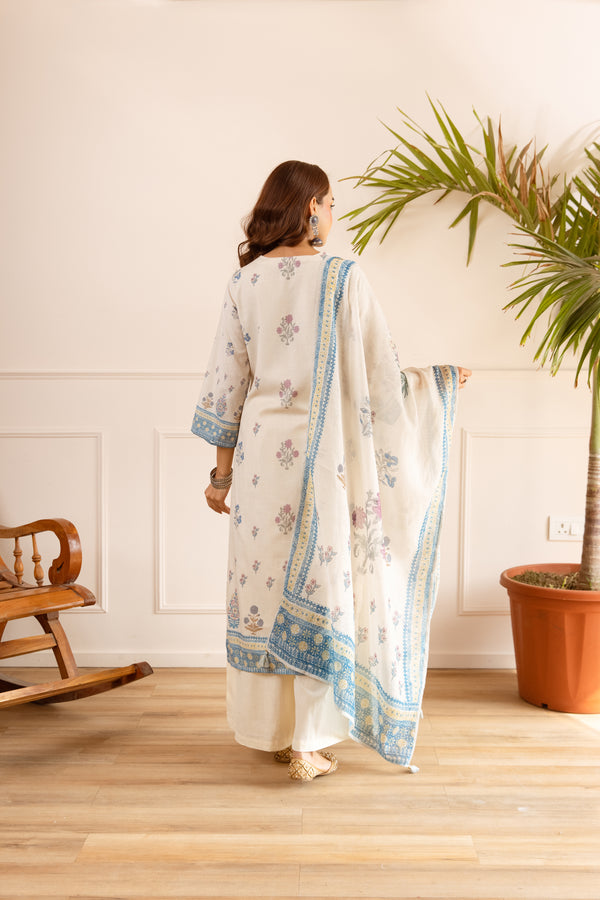 Nehamta Women's Off White Natural Linen Kurta With Palazzo & Dupatta set