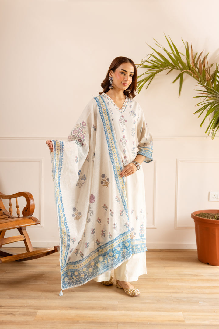 Nehamta Women's Off White Natural Linen Kurta With Palazzo & Dupatta set