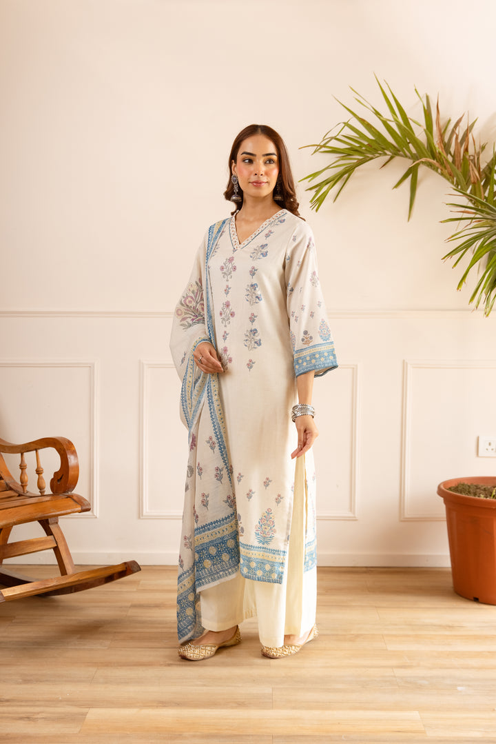 Nehamta Women's Off White Natural Linen Kurta With Palazzo & Dupatta set