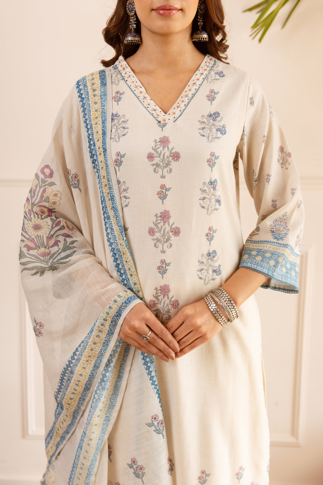 Nehamta Women's Off White Natural Linen Kurta With Palazzo & Dupatta set
