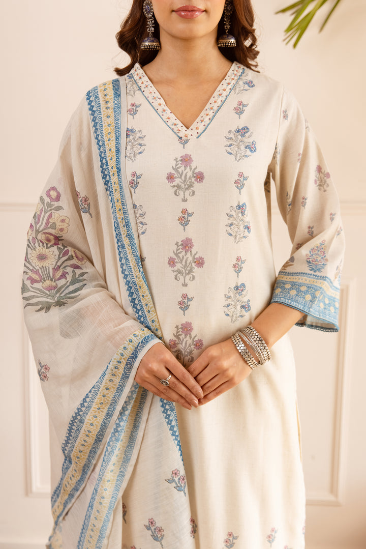 Nehamta Women's Off White Natural Linen Kurta With Palazzo & Dupatta set