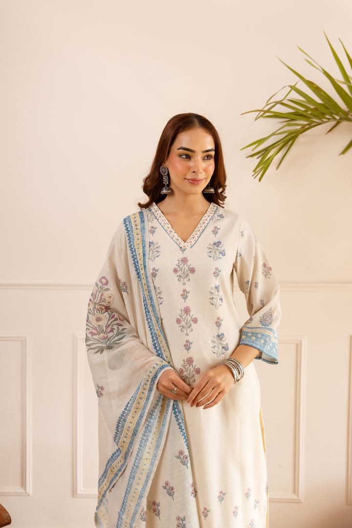 Nehamta Women's Off White Natural Linen Kurta With Palazzo & Dupatta set