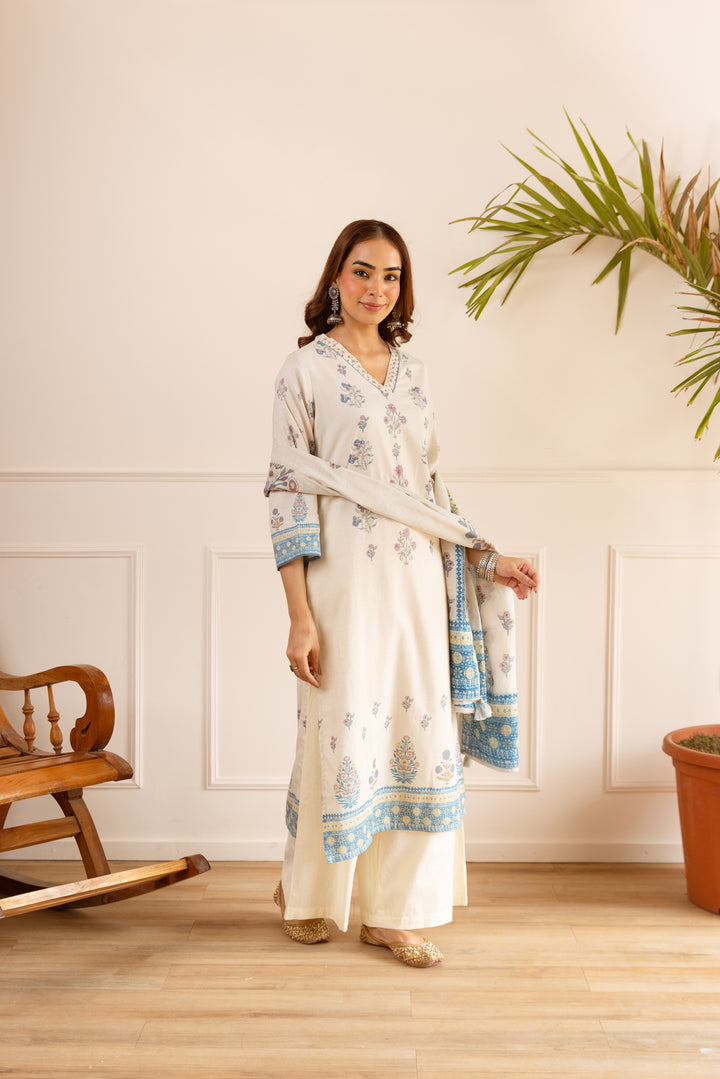 Nehamta Women's Off White Natural Linen Kurta With Palazzo & Dupatta set