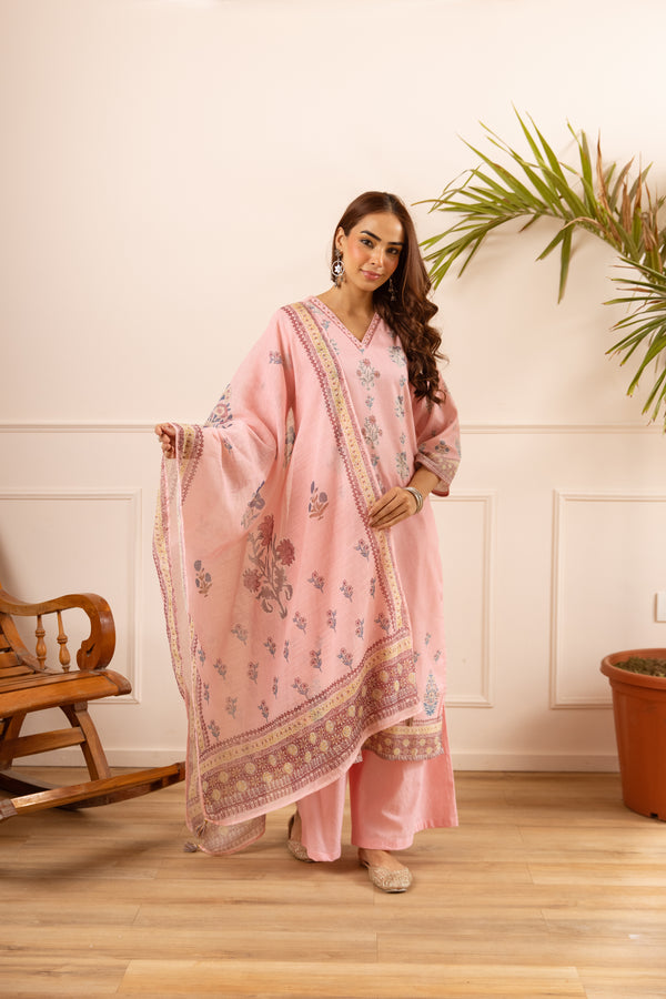Nehamta Women's Pink Natural Linen Kurta With Palazzo & Dupatta set