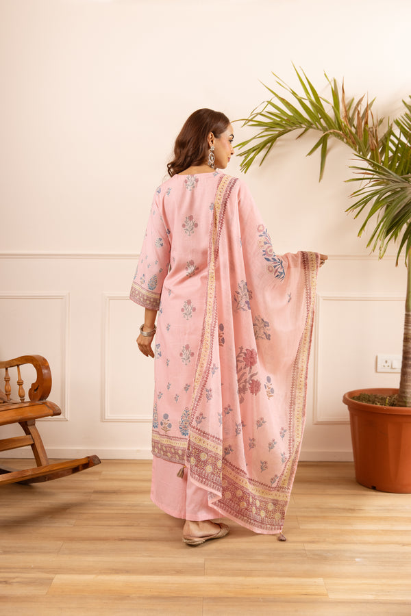 Nehamta Women's Pink Natural Linen Kurta With Palazzo & Dupatta set