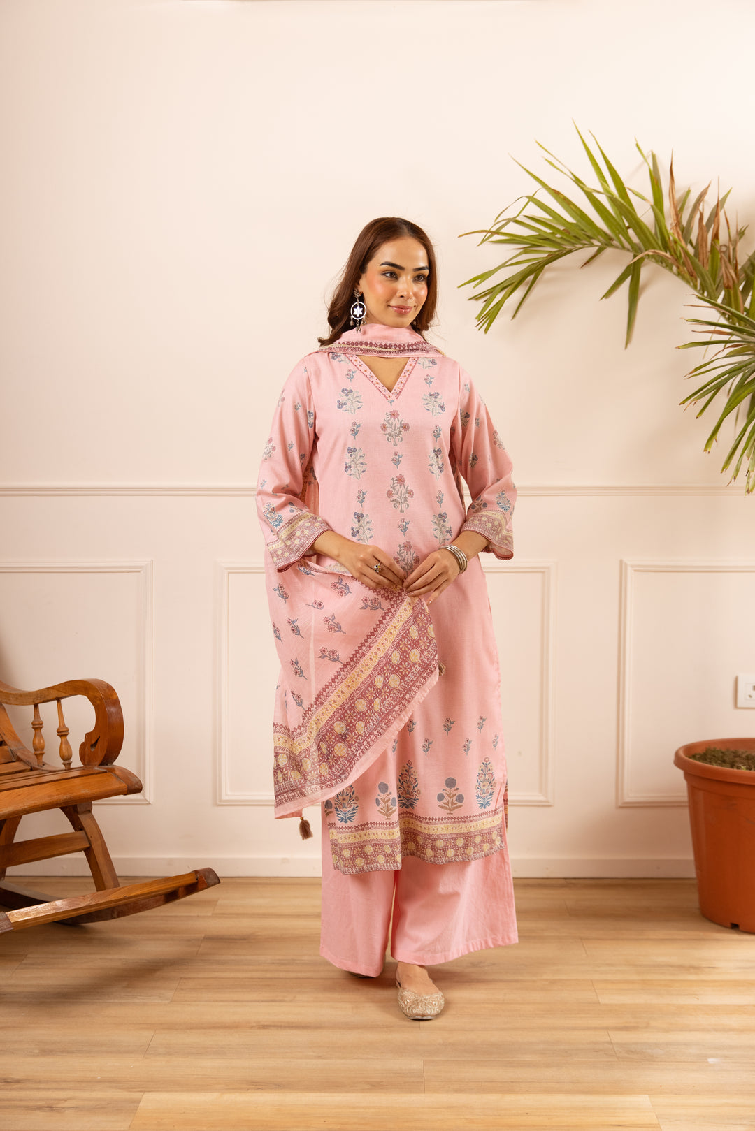 Nehamta Women's Pink Natural Linen Kurta With Palazzo & Dupatta set