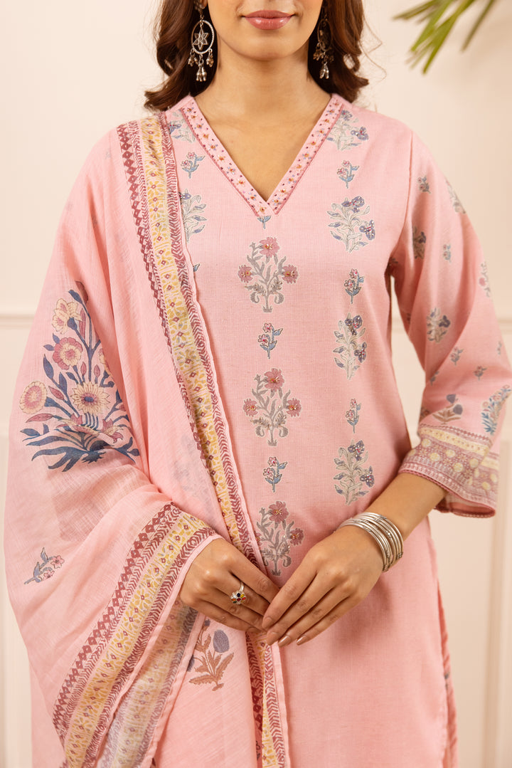 Nehamta Women's Pink Natural Linen Kurta With Palazzo & Dupatta set
