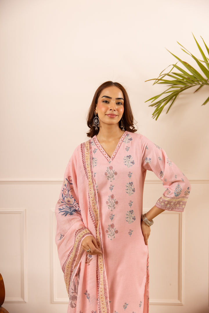 Nehamta Women's Pink Natural Linen Kurta With Palazzo & Dupatta set