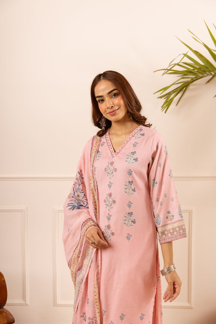 Nehamta Women's Pink Natural Linen Kurta With Palazzo & Dupatta set