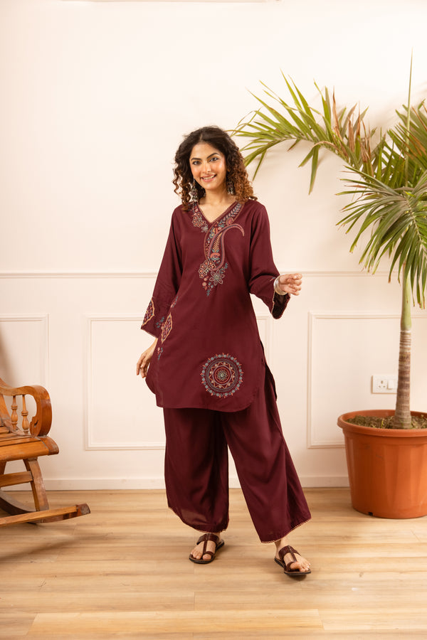 Nehamta Women's Maroon German Rayon Kurta With Palazzo set