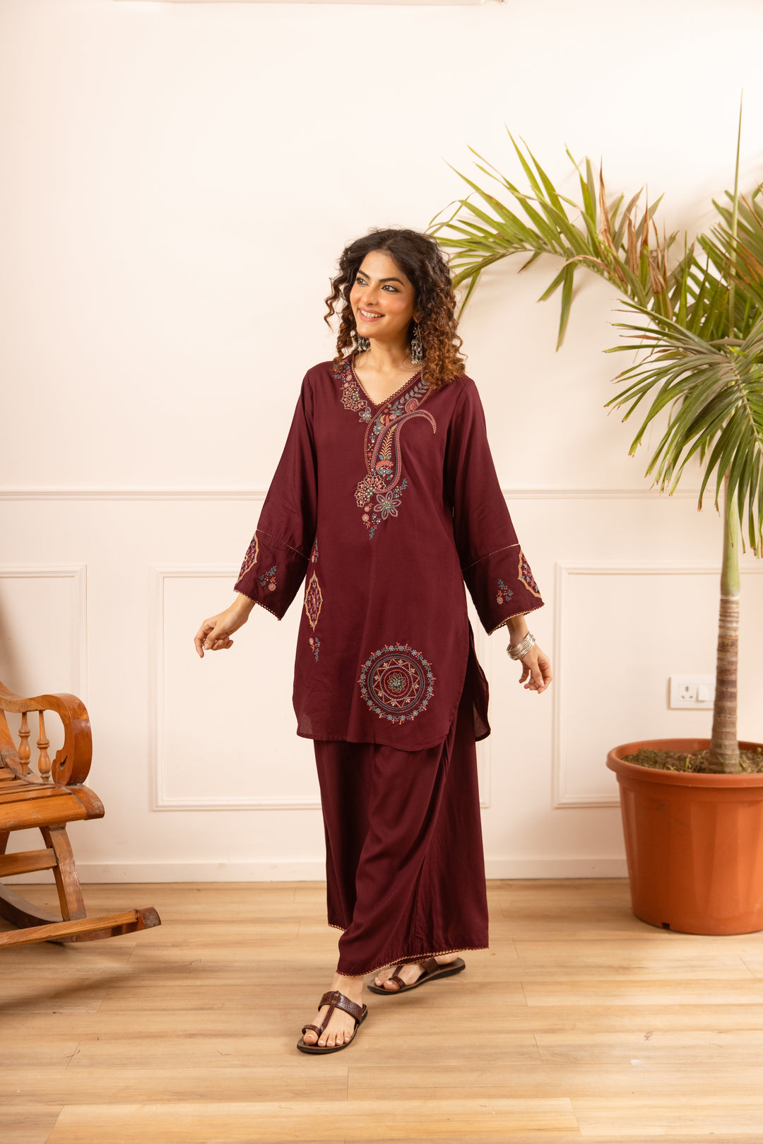 Nehamta Women's Maroon German Rayon Kurta With Palazzo set