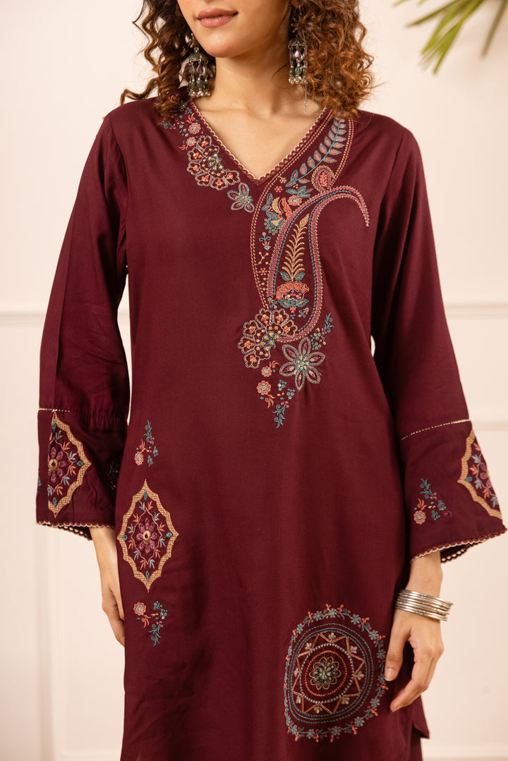 Nehamta Women's Maroon German Rayon Kurta With Palazzo set