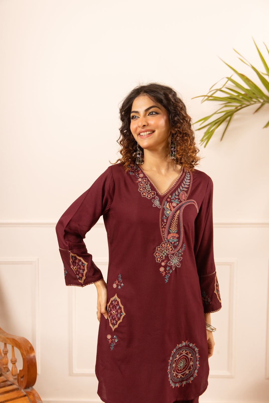 Nehamta Women's Maroon German Rayon Kurta With Palazzo set