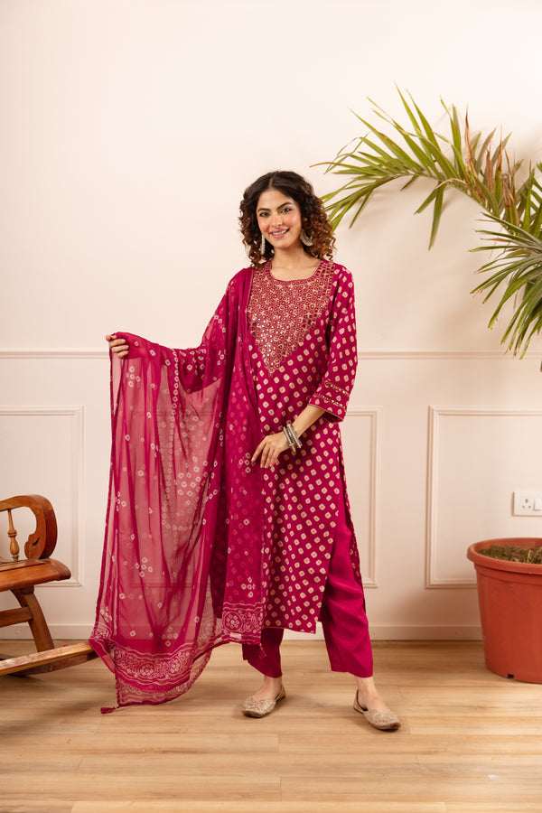 Nehamta Women's Red Muslin Kurta With Pant & Dupatta set