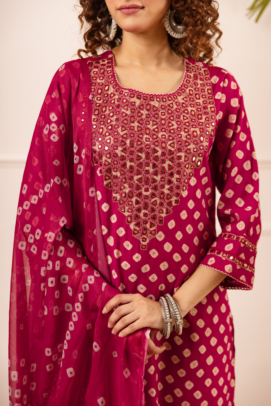 Nehamta Women's Red Muslin Kurta With Pant & Dupatta set