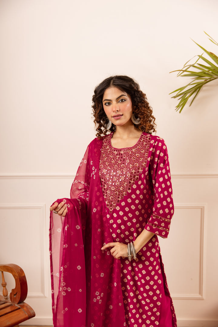 Nehamta Women's Red Muslin Kurta With Pant & Dupatta set