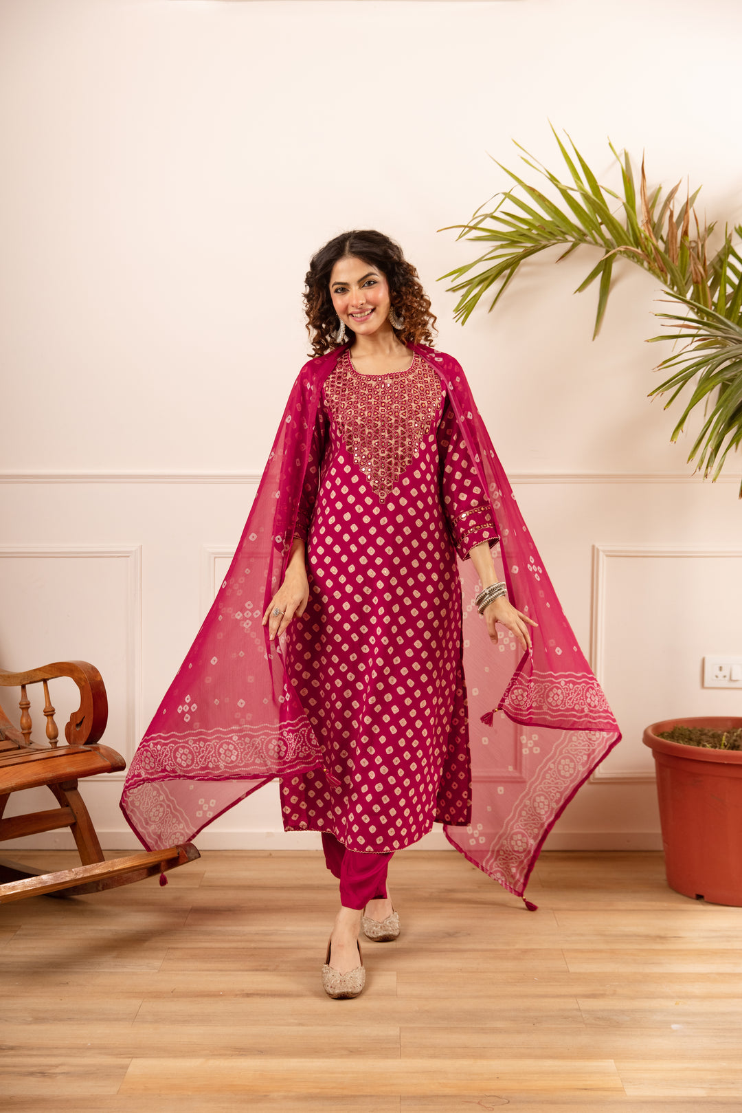 Nehamta Women's Red Muslin Kurta With Pant & Dupatta set